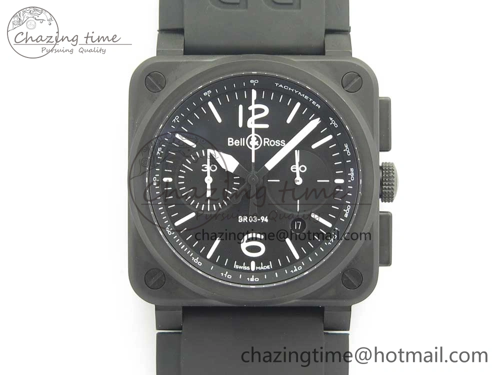 BR 03-94 Chrono PVD Black Dial White Markers on Black Rubber Strap A7750 (Free Nylon Strap)