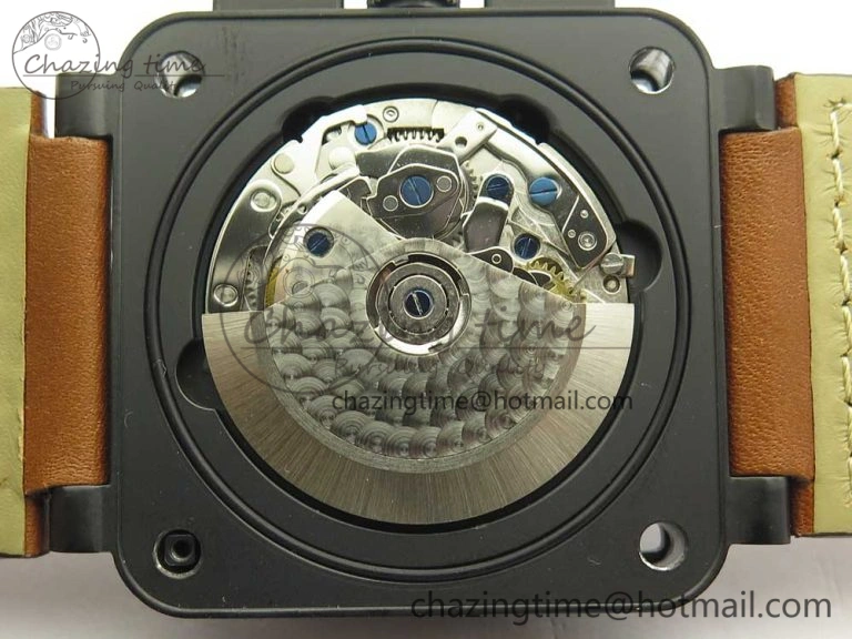 BR 03-94 Chrono PVD Black Dial Yellow Markers on Brown Leather Strap A7750 (Free Nylon Strap)