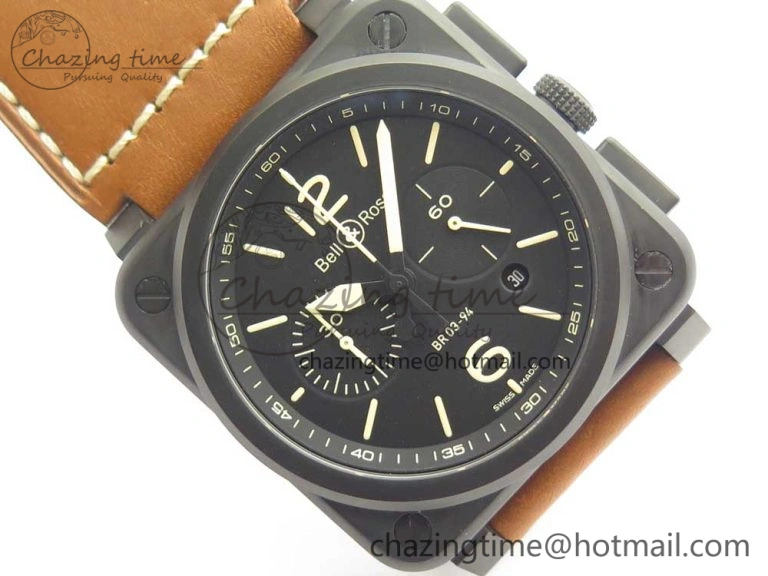BR 03-94 Chrono PVD Black Dial Yellow Markers on Brown Leather Strap A7750 (Free Nylon Strap)
