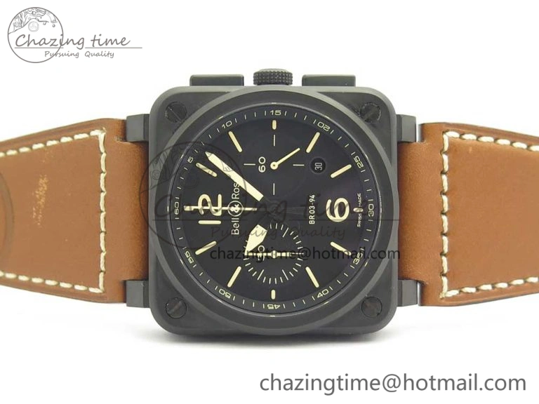 BR 03-94 Chrono PVD Black Dial Yellow Markers on Brown Leather Strap A7750 (Free Nylon Strap)