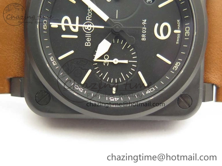 BR 03-94 Chrono PVD Black Dial Yellow Markers on Brown Leather Strap A7750 (Free Nylon Strap)