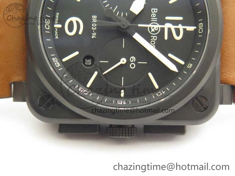 BR 03-94 Chrono PVD Black Dial Yellow Markers on Brown Leather Strap A7750 (Free Nylon Strap)
