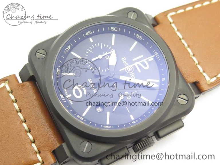 BR 03-94 Chrono PVD Black Dial Yellow Markers on Brown Leather Strap A7750 (Free Nylon Strap)