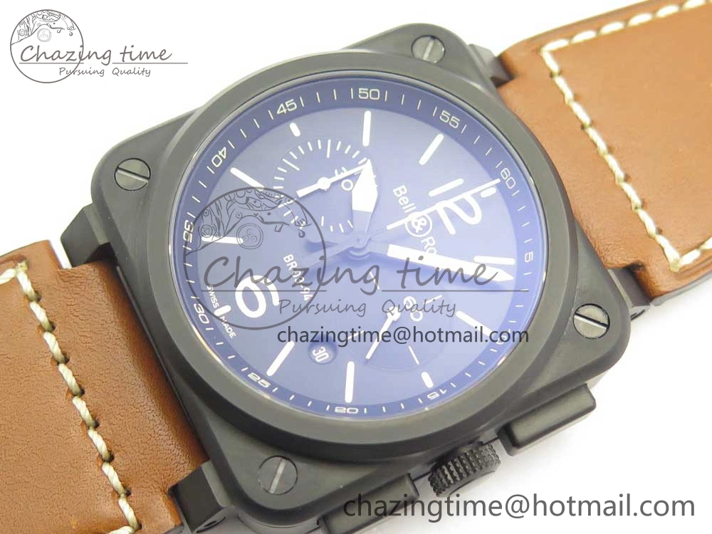 BR 03-94 Chrono PVD Black Dial Yellow Markers on Brown Leather Strap A7750 (Free Nylon Strap)