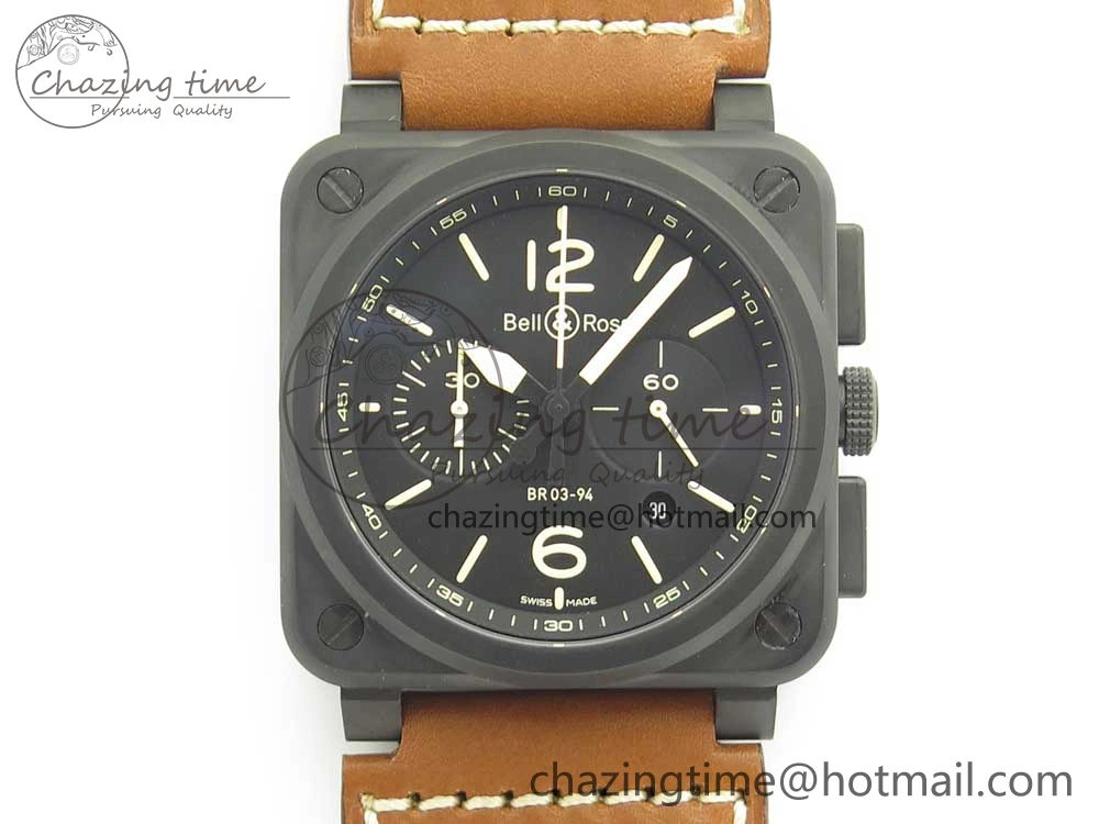 BR 03-94 Chrono PVD Black Dial Yellow Markers on Brown Leather Strap A7750 (Free Nylon Strap)