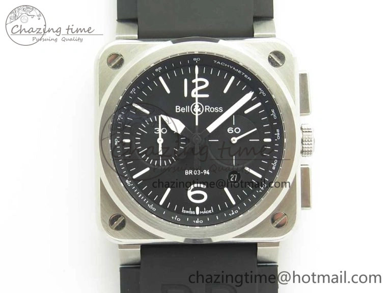 BR 03-94 Chrono SS Black Dial White Markers on Black Rubber Strap A7750 (Free Nylon Strap)