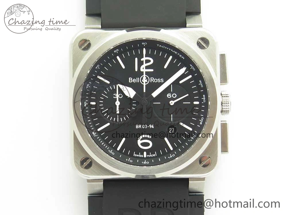 BR 03-94 Chrono SS Black Dial White Markers on Black Rubber Strap A7750 (Free Nylon Strap)