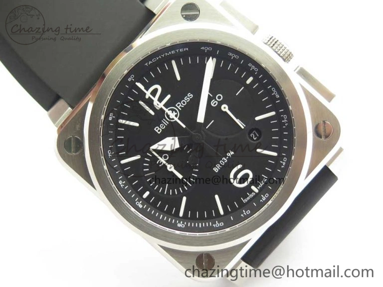 BR 03-94 Chrono SS Black Dial White Markers on Black Rubber Strap A7750 (Free Nylon Strap)