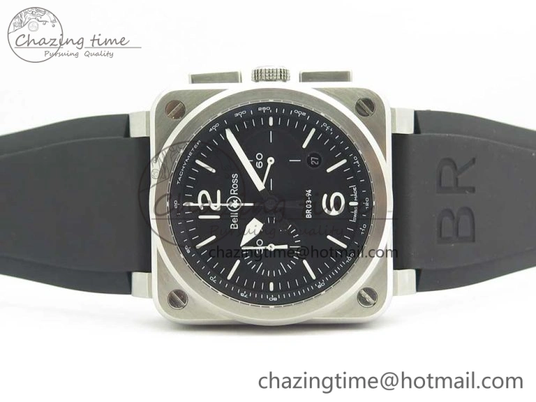 BR 03-94 Chrono SS Black Dial White Markers on Black Rubber Strap A7750 (Free Nylon Strap)