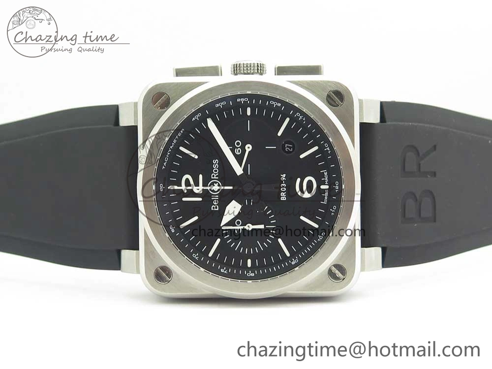 BR 03-94 Chrono SS Black Dial White Markers on Black Rubber Strap A7750 (Free Nylon Strap)