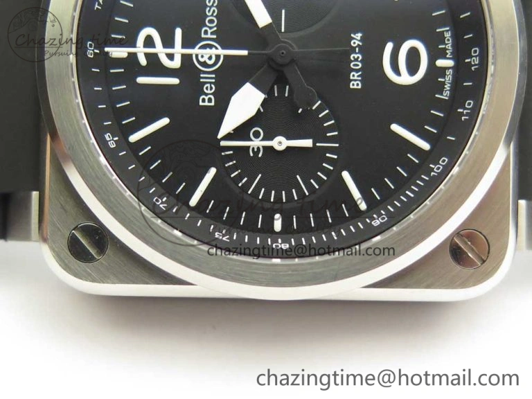 BR 03-94 Chrono SS Black Dial White Markers on Black Rubber Strap A7750 (Free Nylon Strap)