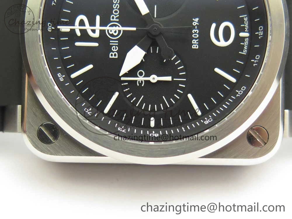 BR 03-94 Chrono SS Black Dial White Markers on Black Rubber Strap A7750 (Free Nylon Strap)