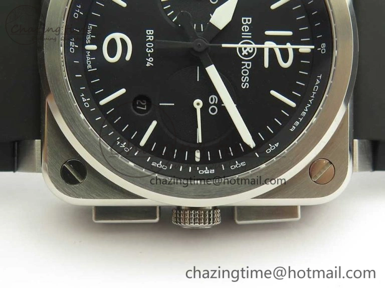 BR 03-94 Chrono SS Black Dial White Markers on Black Rubber Strap A7750 (Free Nylon Strap)