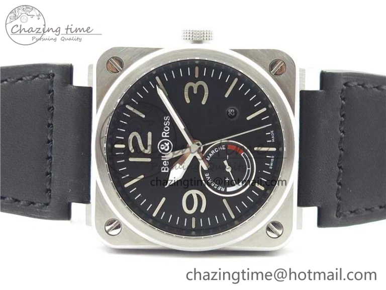 BR03-97 Automatic Power Reserve SS Black Dial on Black Leather Strap A23J (Free Nylon)