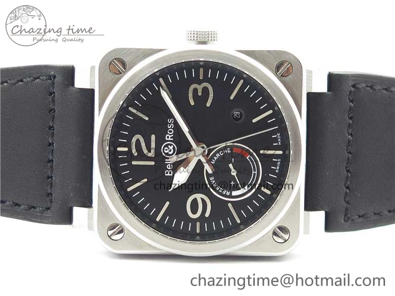 BR03-97 Automatic Power Reserve SS Black Dial on Black Leather Strap A23J (Free Nylon)