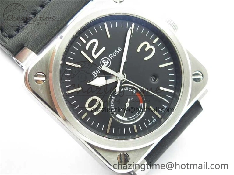 BR03-97 Automatic Power Reserve SS Black Dial on Black Leather Strap A23J (Free Nylon)
