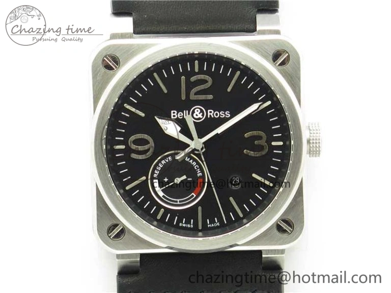BR03-97 Automatic Power Reserve SS Black Dial on Black Leather Strap A23J (Free Nylon)