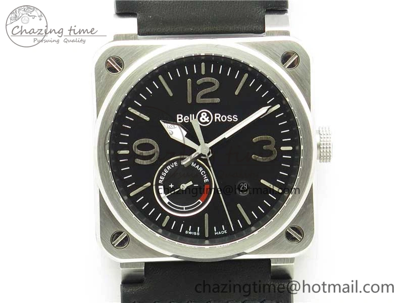 BR03-97 Automatic Power Reserve SS Black Dial on Black Leather Strap A23J (Free Nylon)