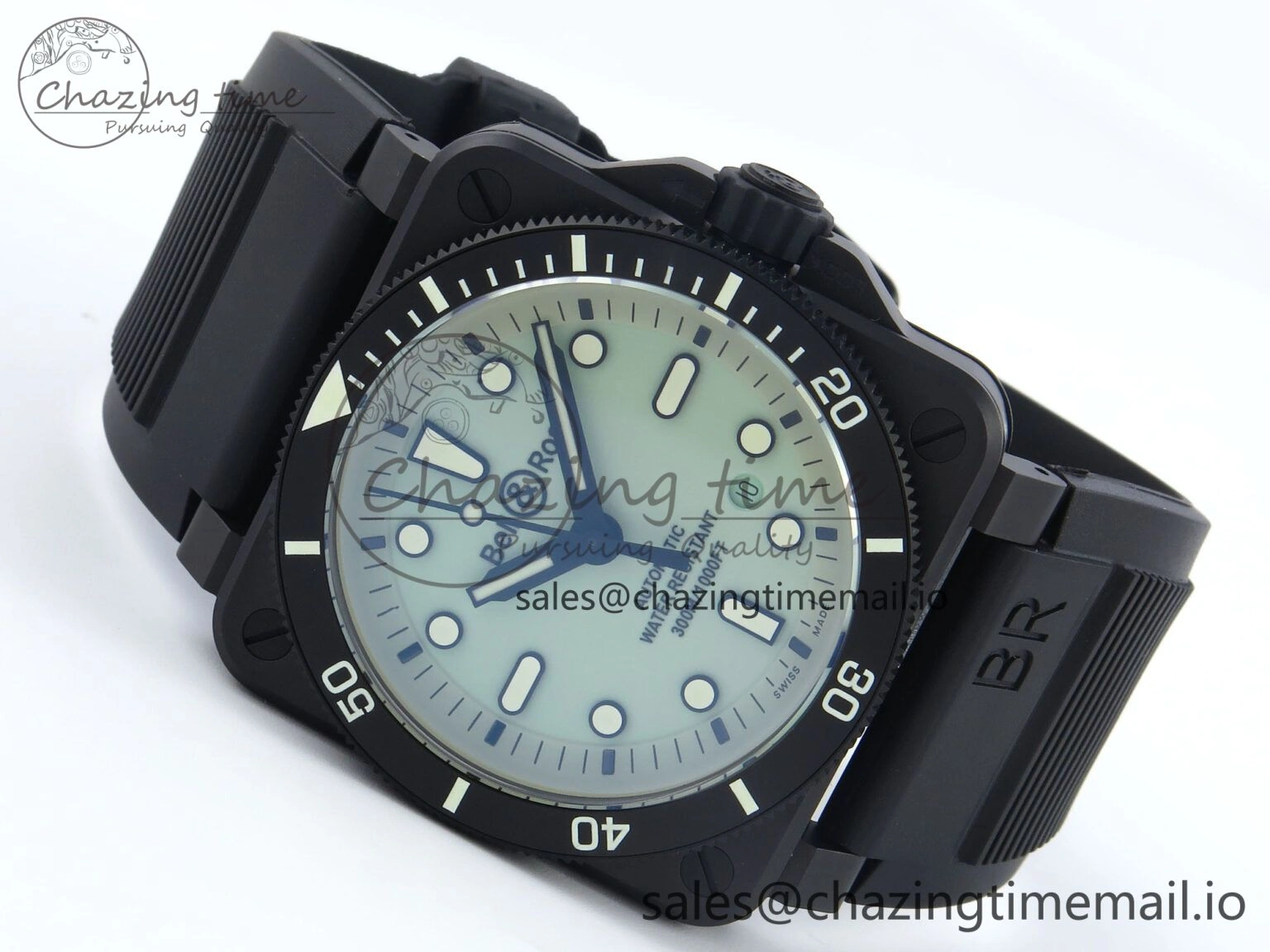 BR03A Instruments BRF 1:1 Best Edition Pale Green Dial on Black Rubber Strap A2824