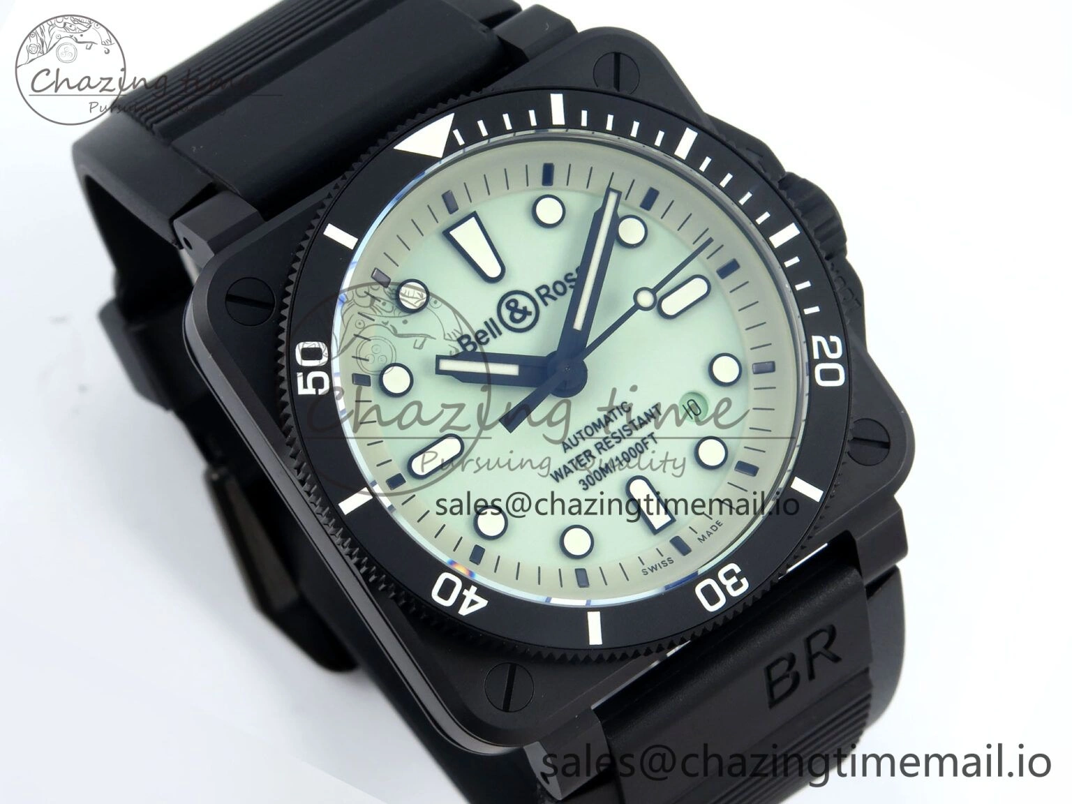 BR03A Instruments BRF 1:1 Best Edition Pale Green Dial on Black Rubber Strap A2824