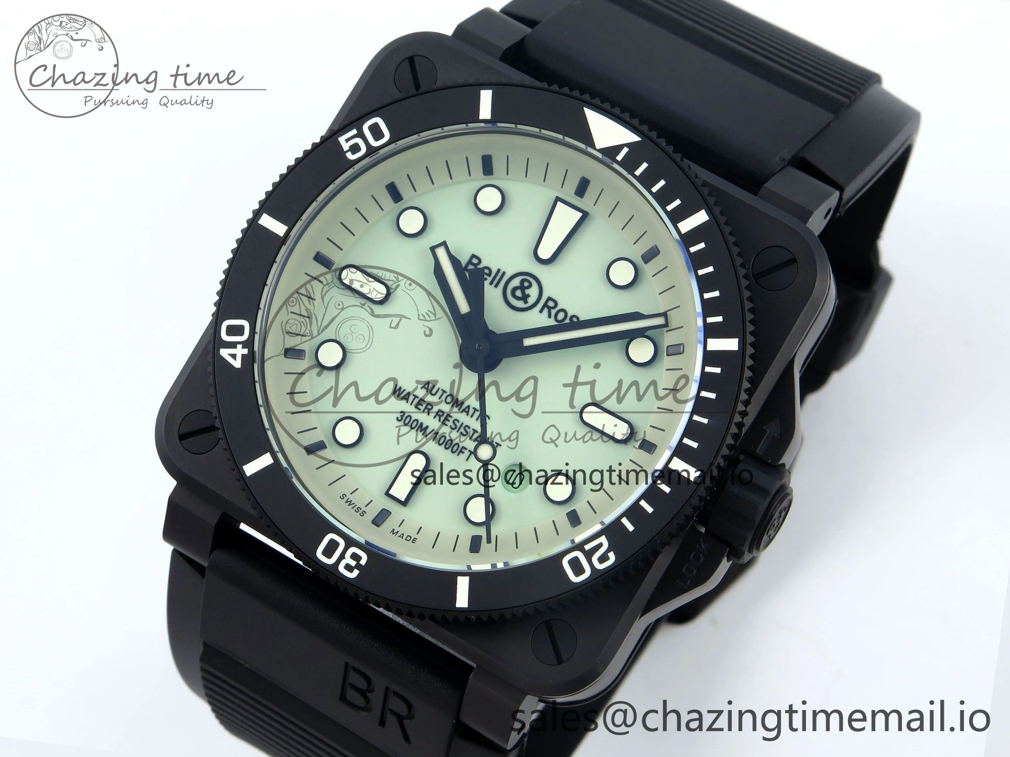 BR03A Instruments BRF 1:1 Best Edition Pale Green Dial on Black Rubber Strap A2824