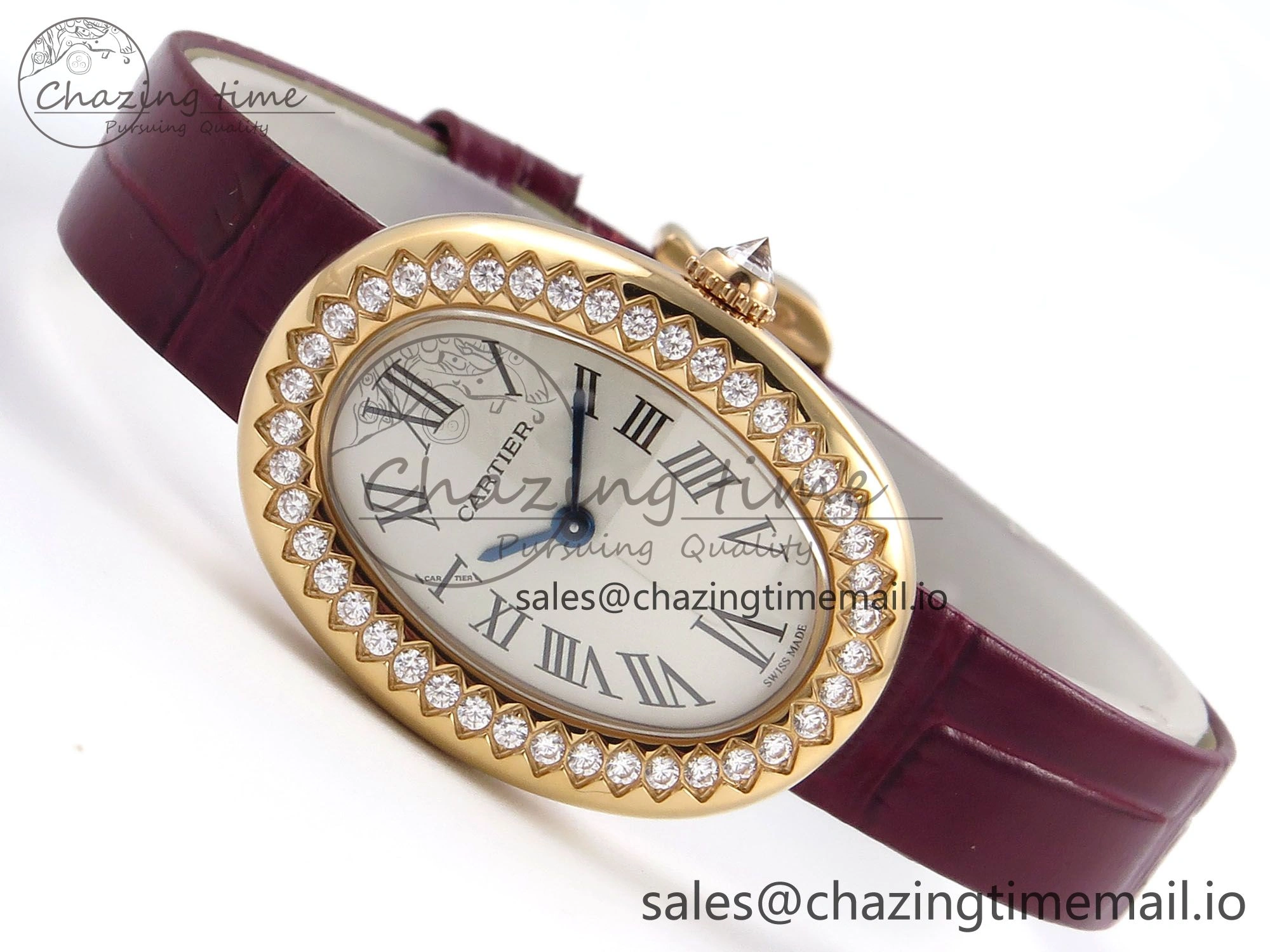 Baignoire De Cartier RG AF 1:1 Best Edition Silver Dial Diamonds Bezel on Red Leather Strap Ronda Quartz