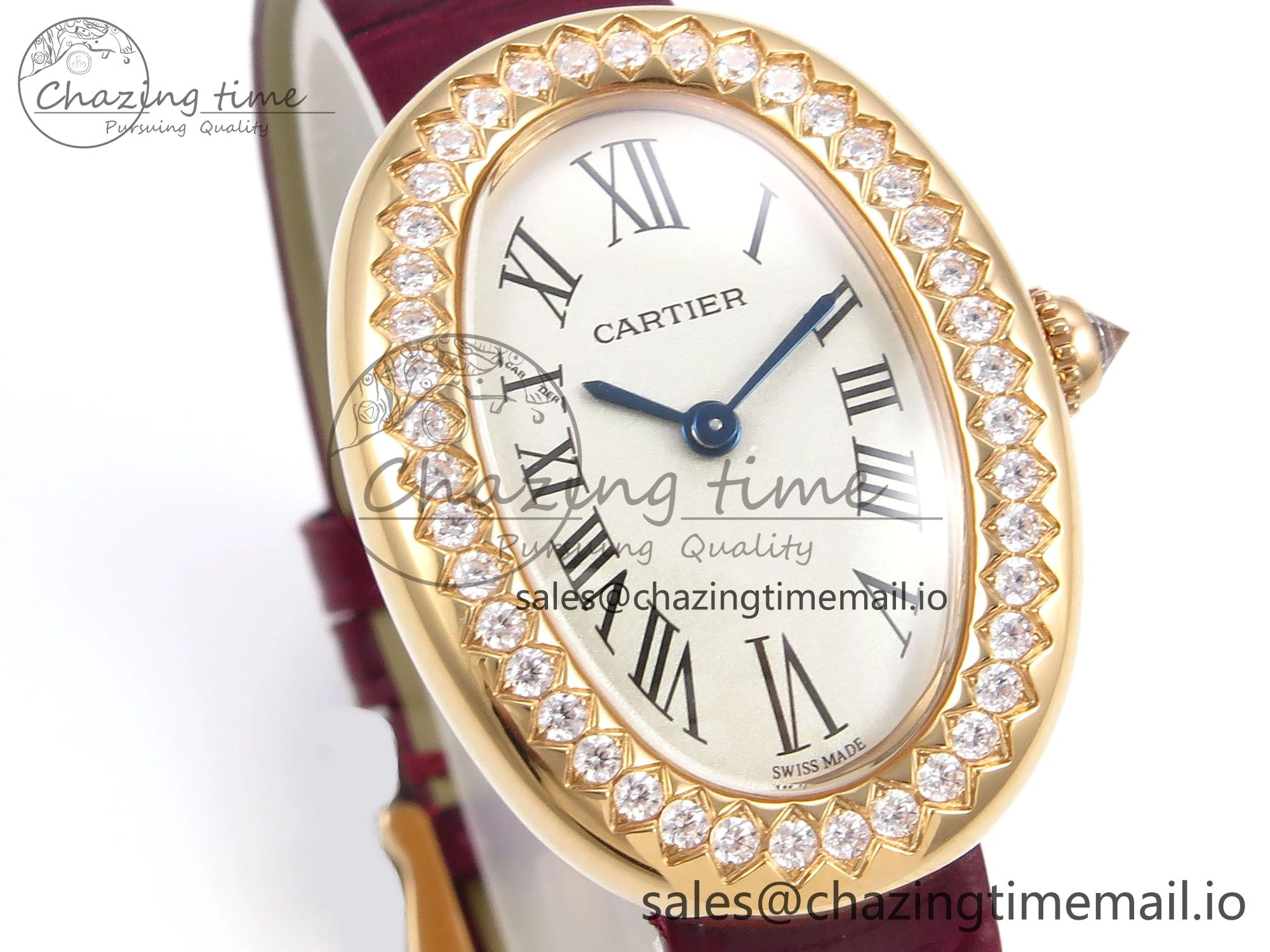 Baignoire De Cartier RG AF 1:1 Best Edition Silver Dial Diamonds Bezel on Red Leather Strap Ronda Quartz