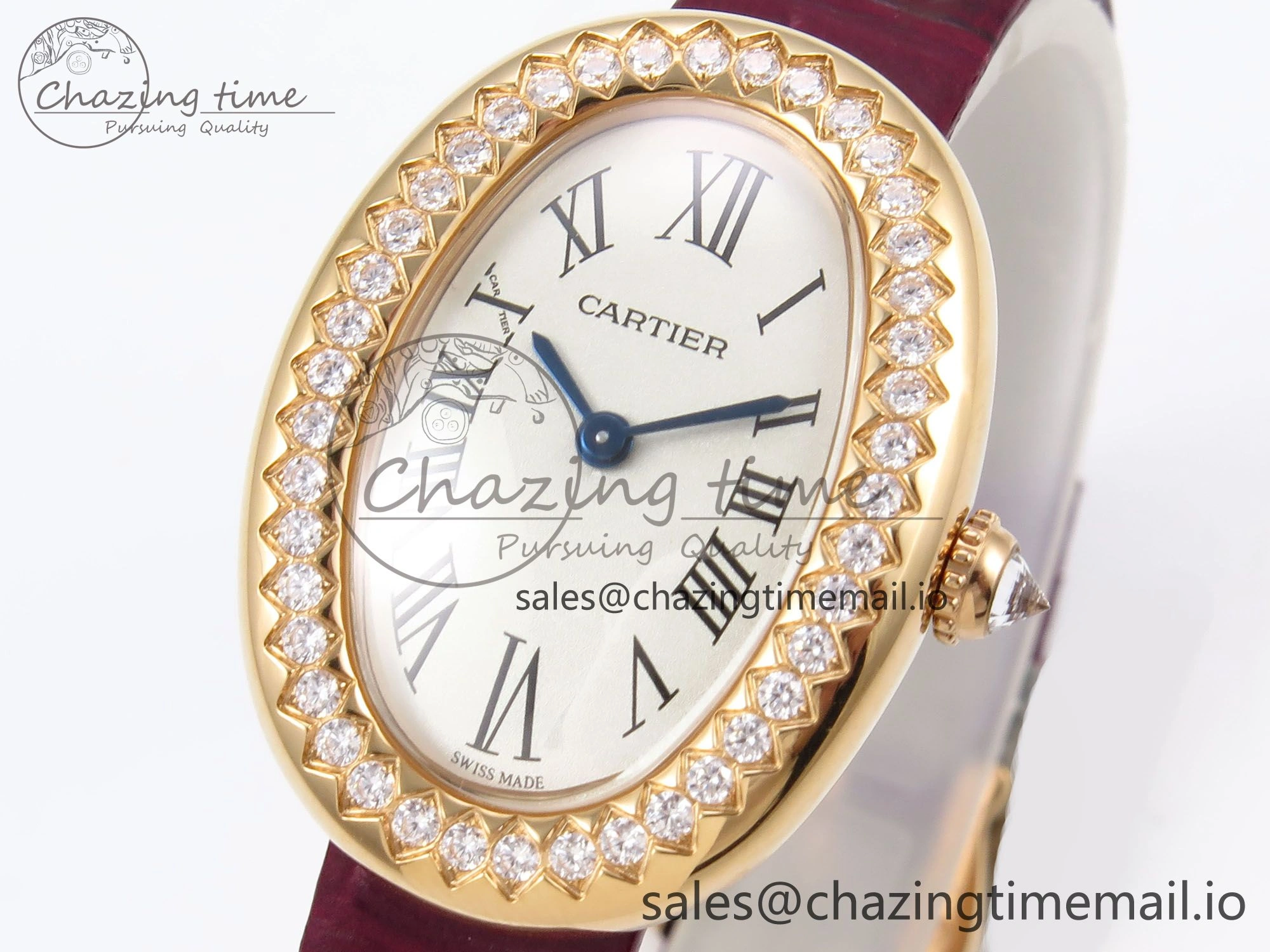 Baignoire De Cartier RG AF 1:1 Best Edition Silver Dial Diamonds Bezel on Red Leather Strap Ronda Quartz