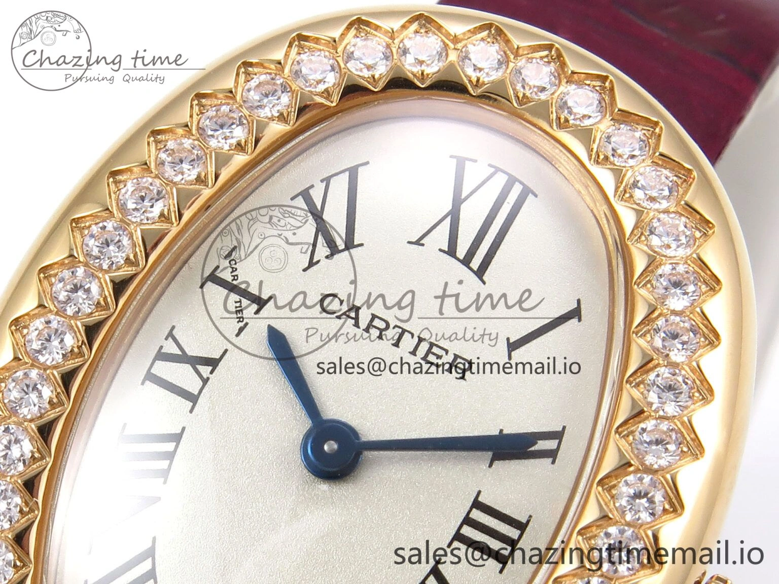 Baignoire De Cartier RG AF 1:1 Best Edition Silver Dial Diamonds Bezel on Red Leather Strap Ronda Quartz