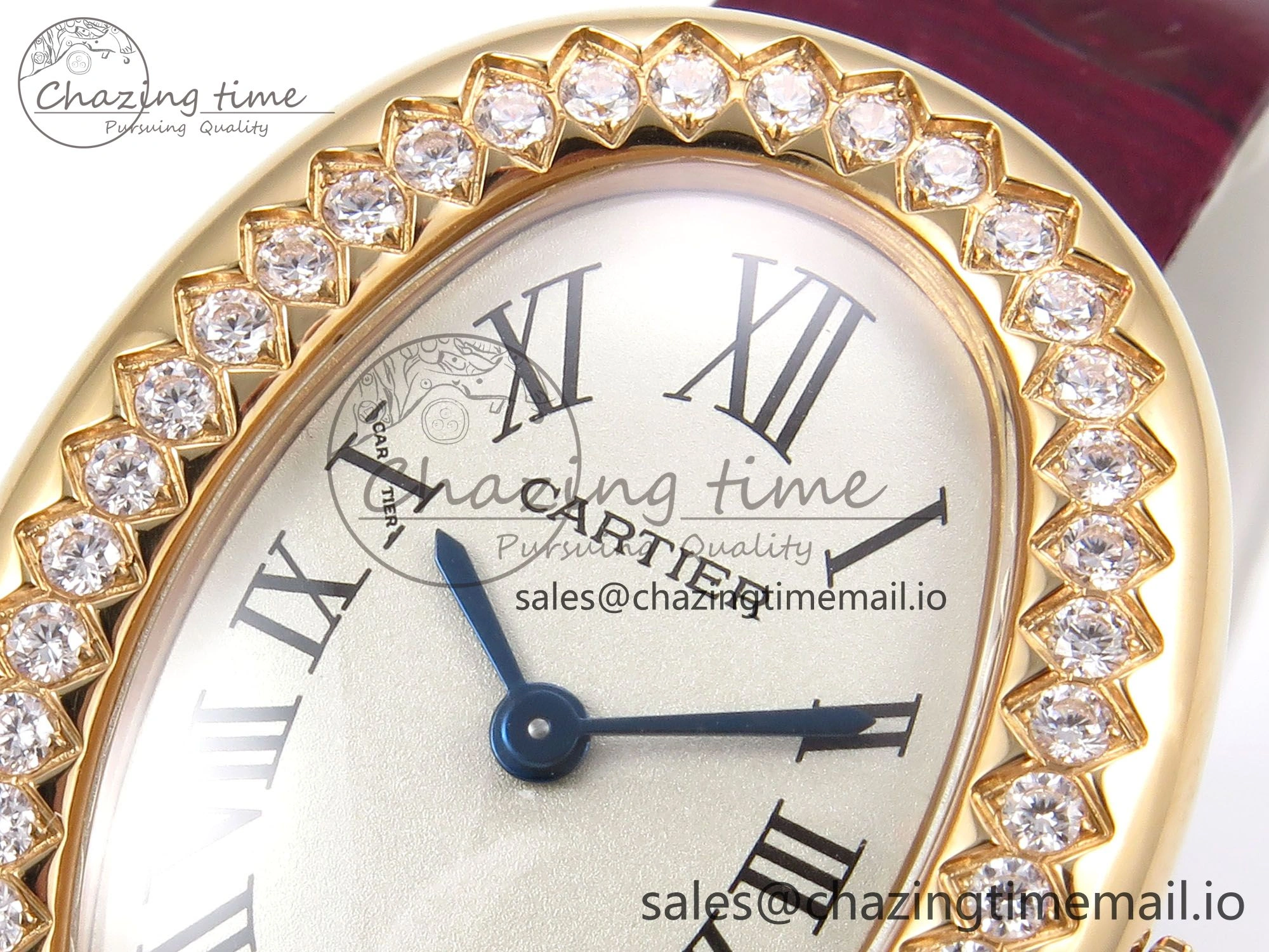 Baignoire De Cartier RG AF 1:1 Best Edition Silver Dial Diamonds Bezel on Red Leather Strap Ronda Quartz