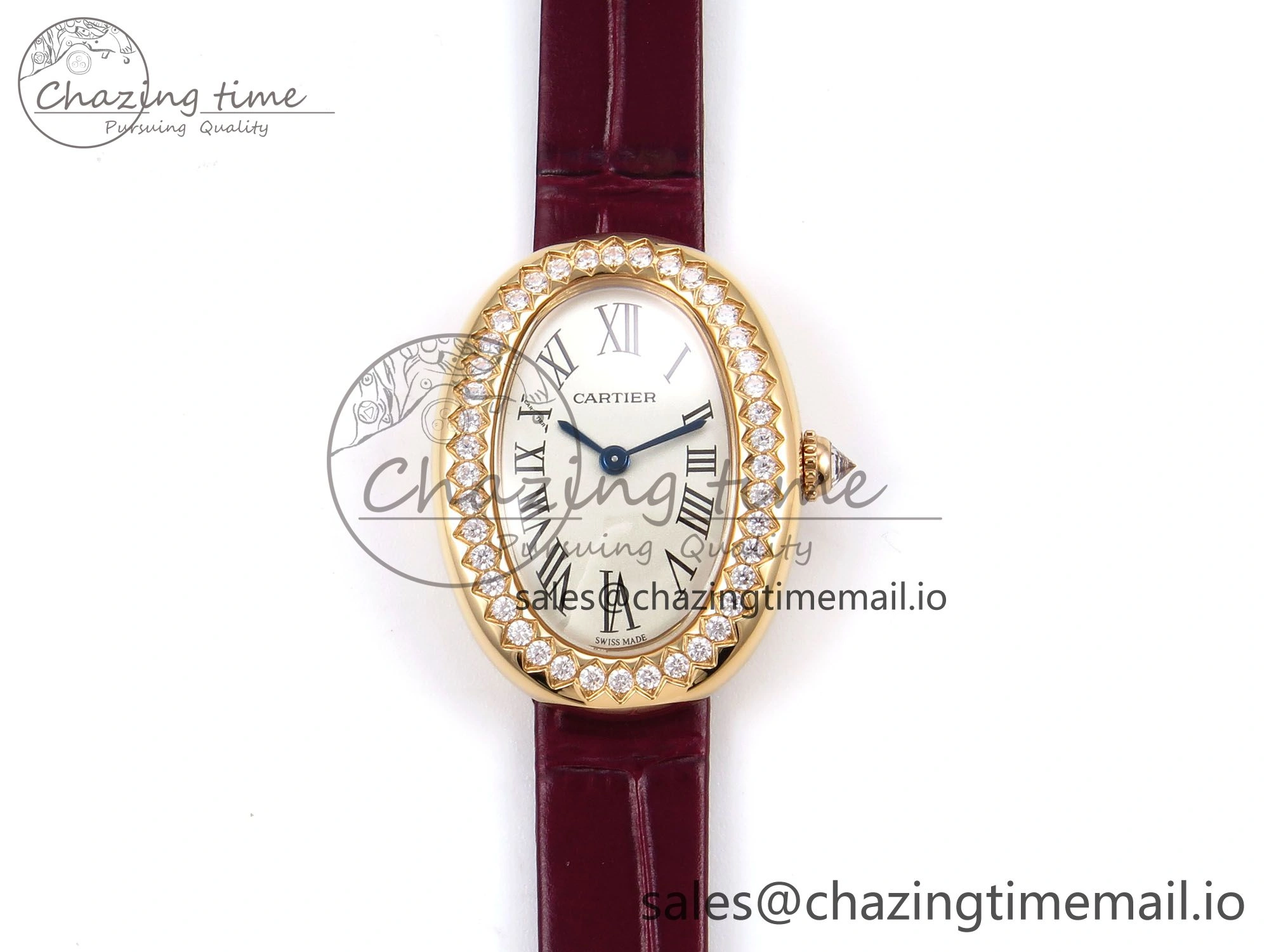Baignoire De Cartier RG AF 1:1 Best Edition Silver Dial Diamonds Bezel on Red Leather Strap Ronda Quartz
