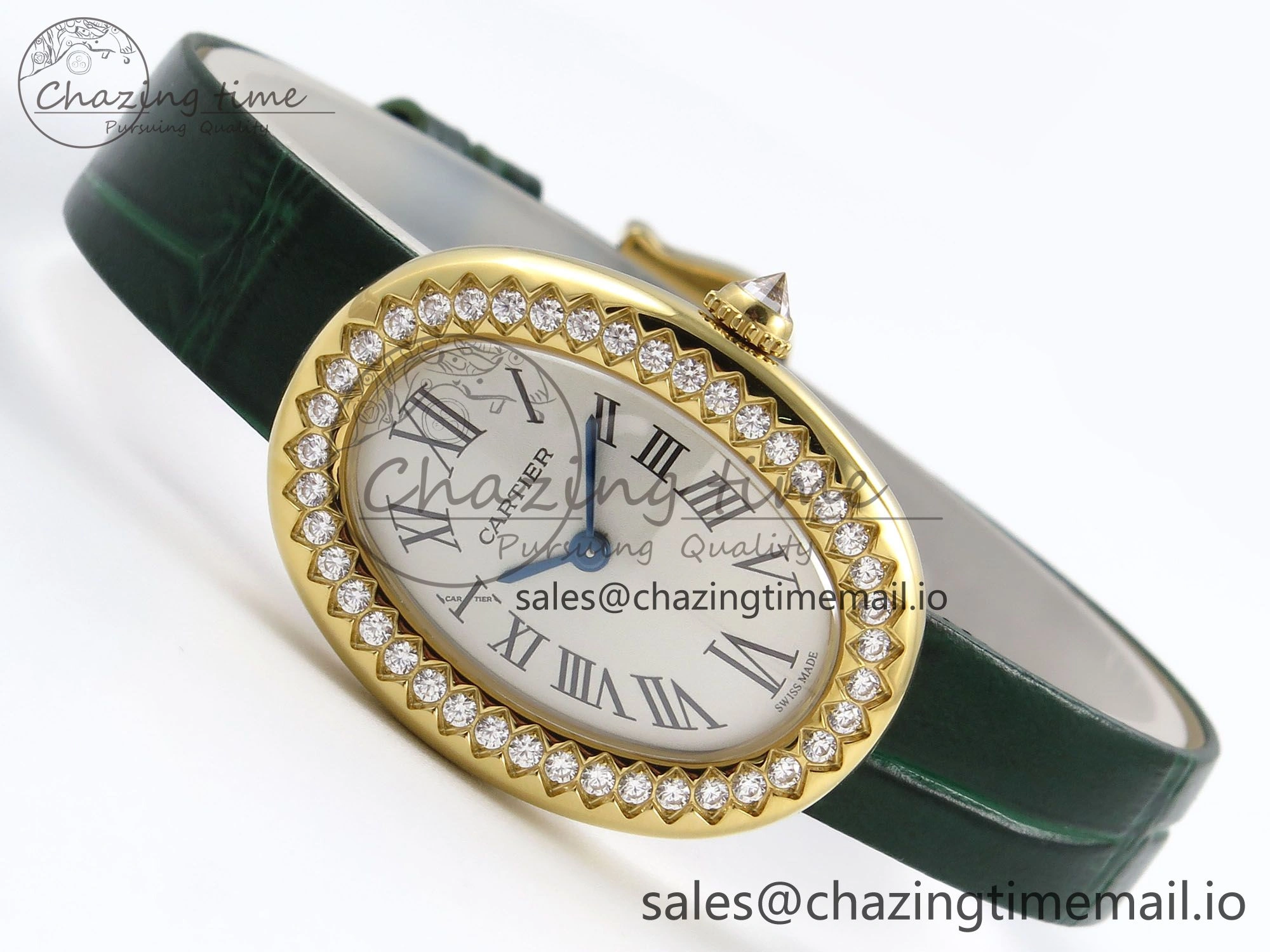 Baignoire De Cartier YG AF 1:1 Best Edition Silver Dial Diamonds Bezel on Green Leather Strap Ronda Quartz