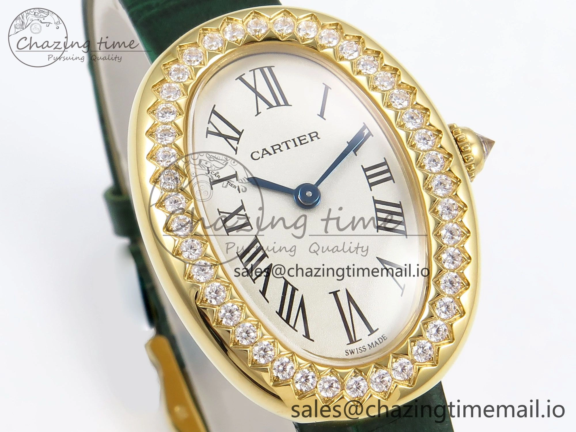 Baignoire De Cartier YG AF 1:1 Best Edition Silver Dial Diamonds Bezel on Green Leather Strap Ronda Quartz