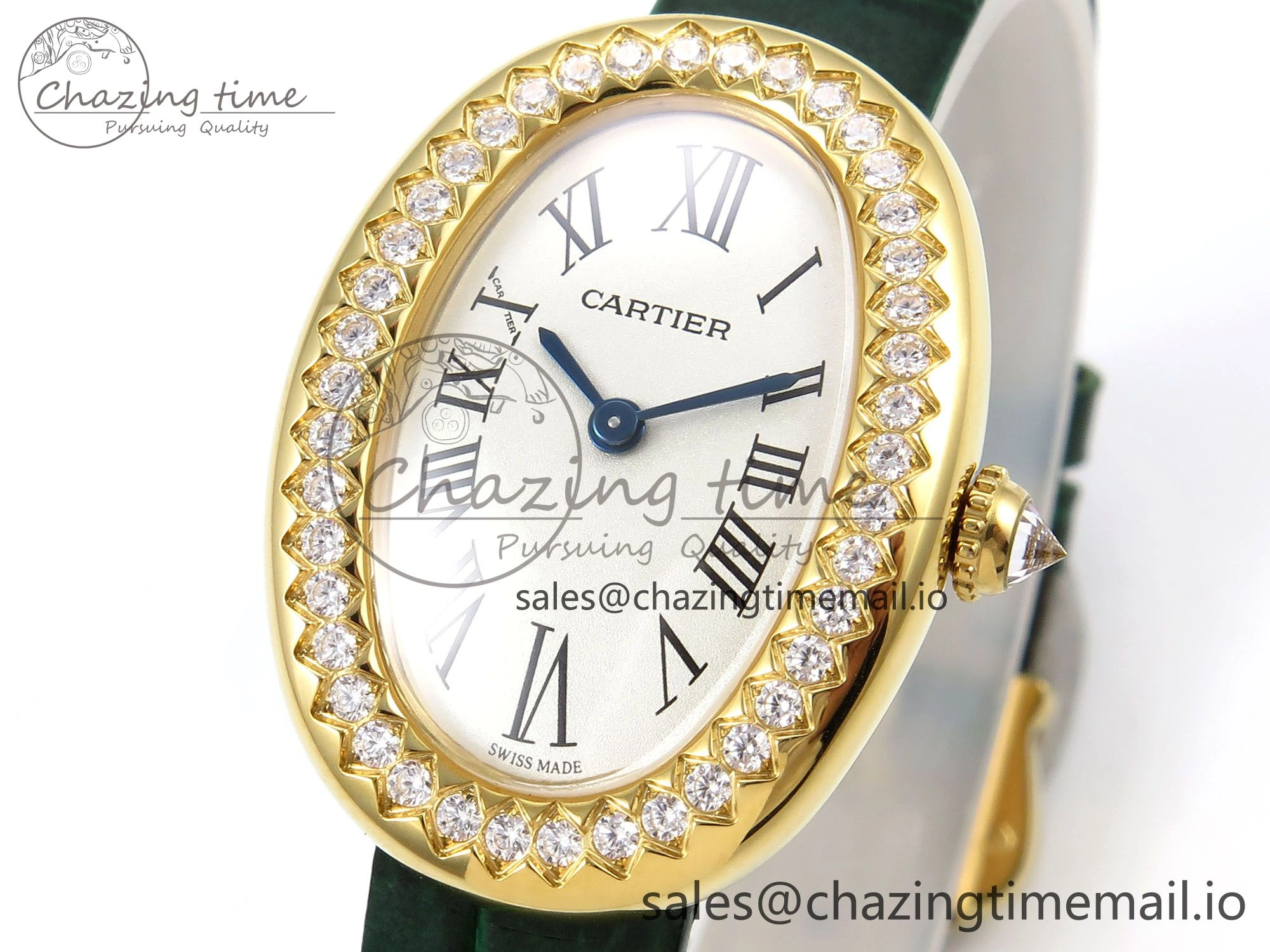 Baignoire De Cartier YG AF 1:1 Best Edition Silver Dial Diamonds Bezel on Green Leather Strap Ronda Quartz