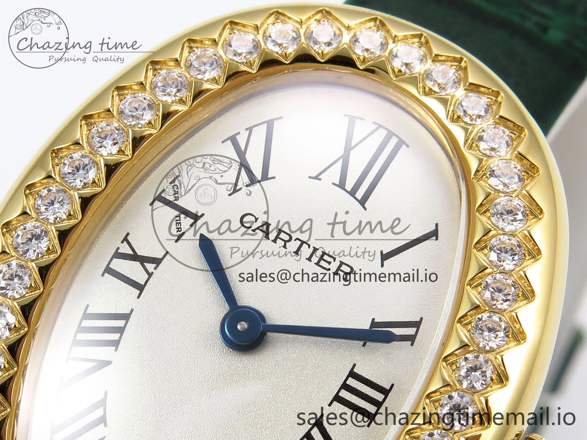 Baignoire De Cartier YG AF 1:1 Best Edition Silver Dial Diamonds Bezel on Green Leather Strap Ronda Quartz