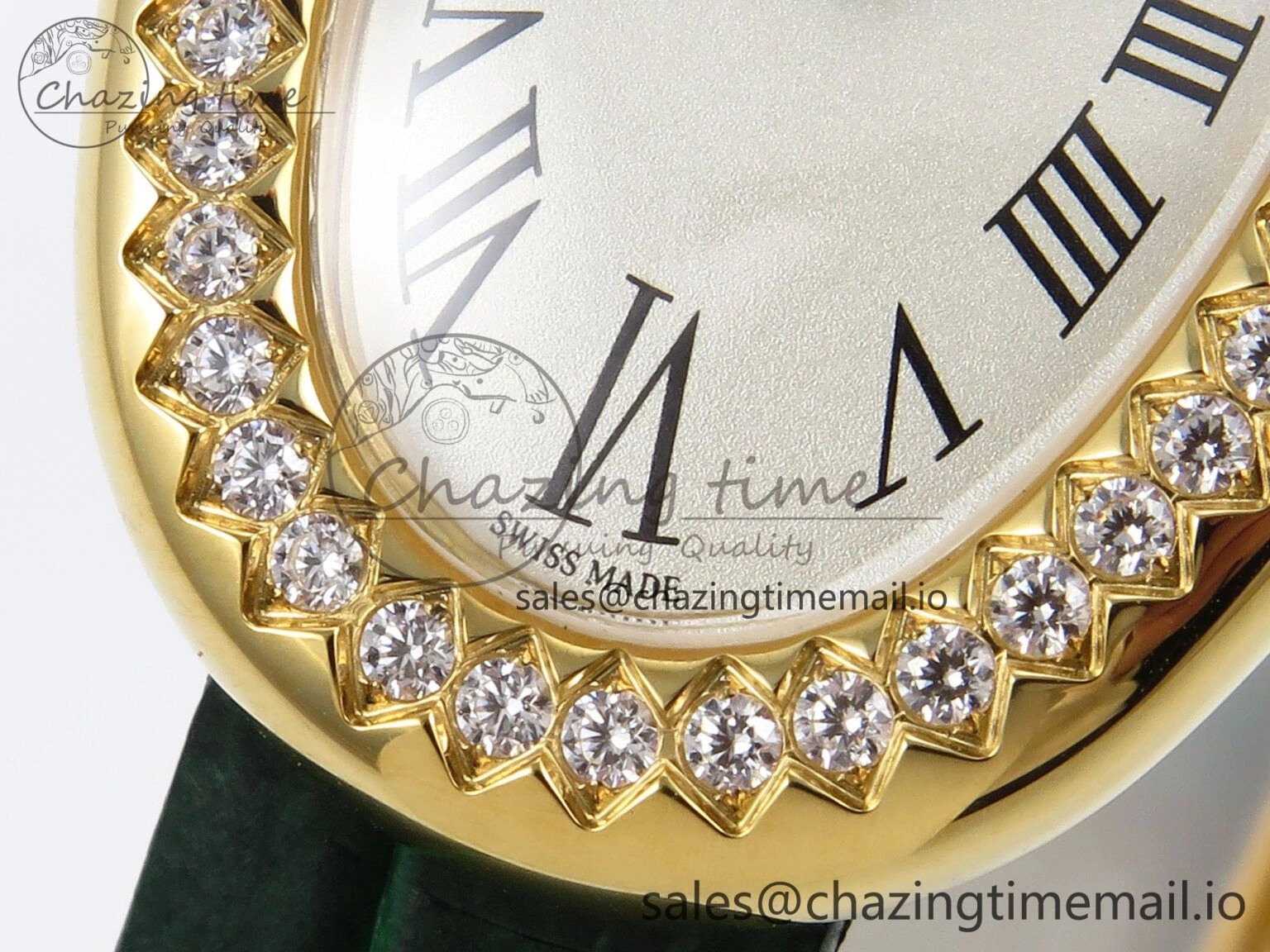 Baignoire De Cartier YG AF 1:1 Best Edition Silver Dial Diamonds Bezel on Green Leather Strap Ronda Quartz