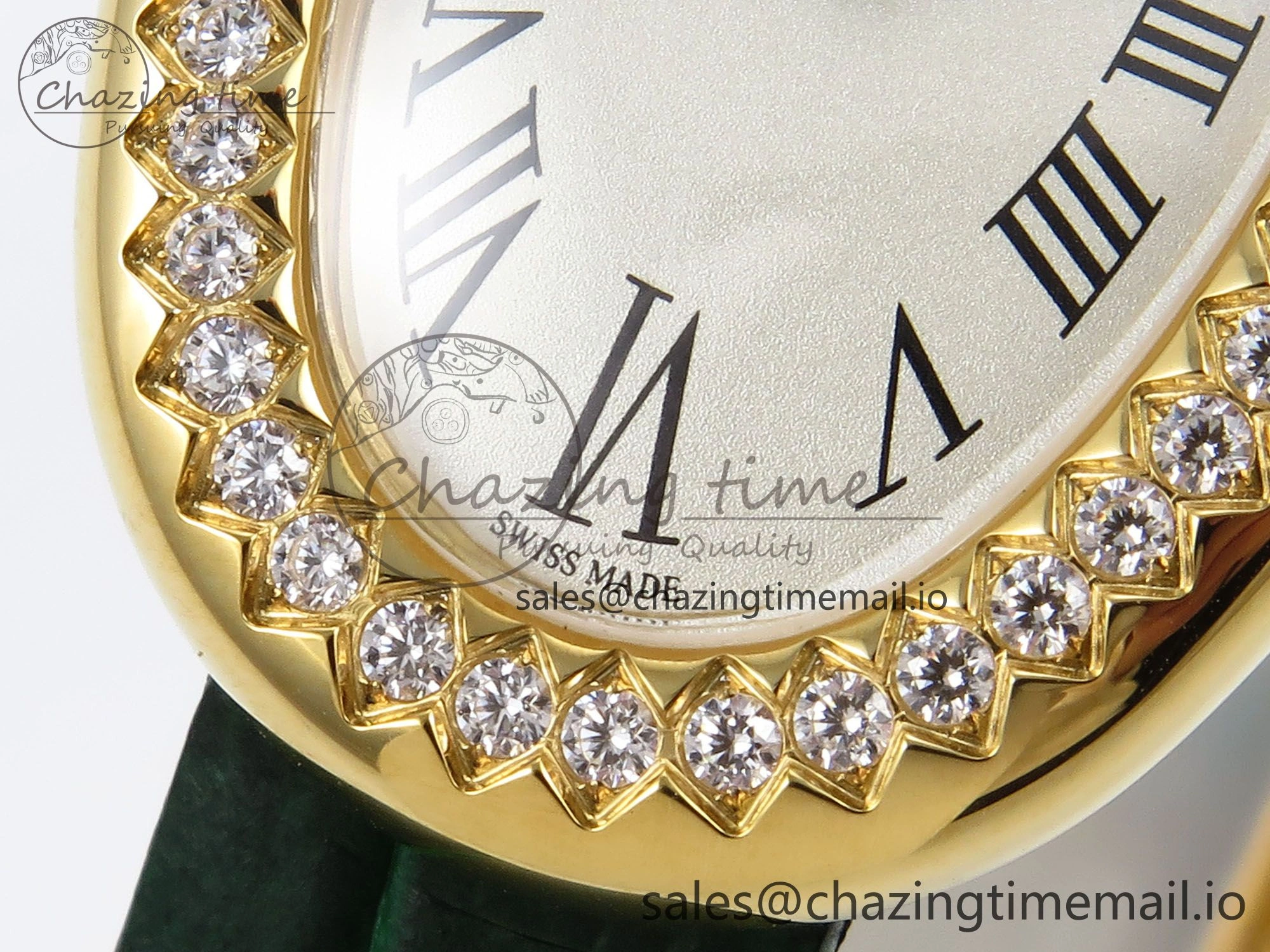 Baignoire De Cartier YG AF 1:1 Best Edition Silver Dial Diamonds Bezel on Green Leather Strap Ronda Quartz