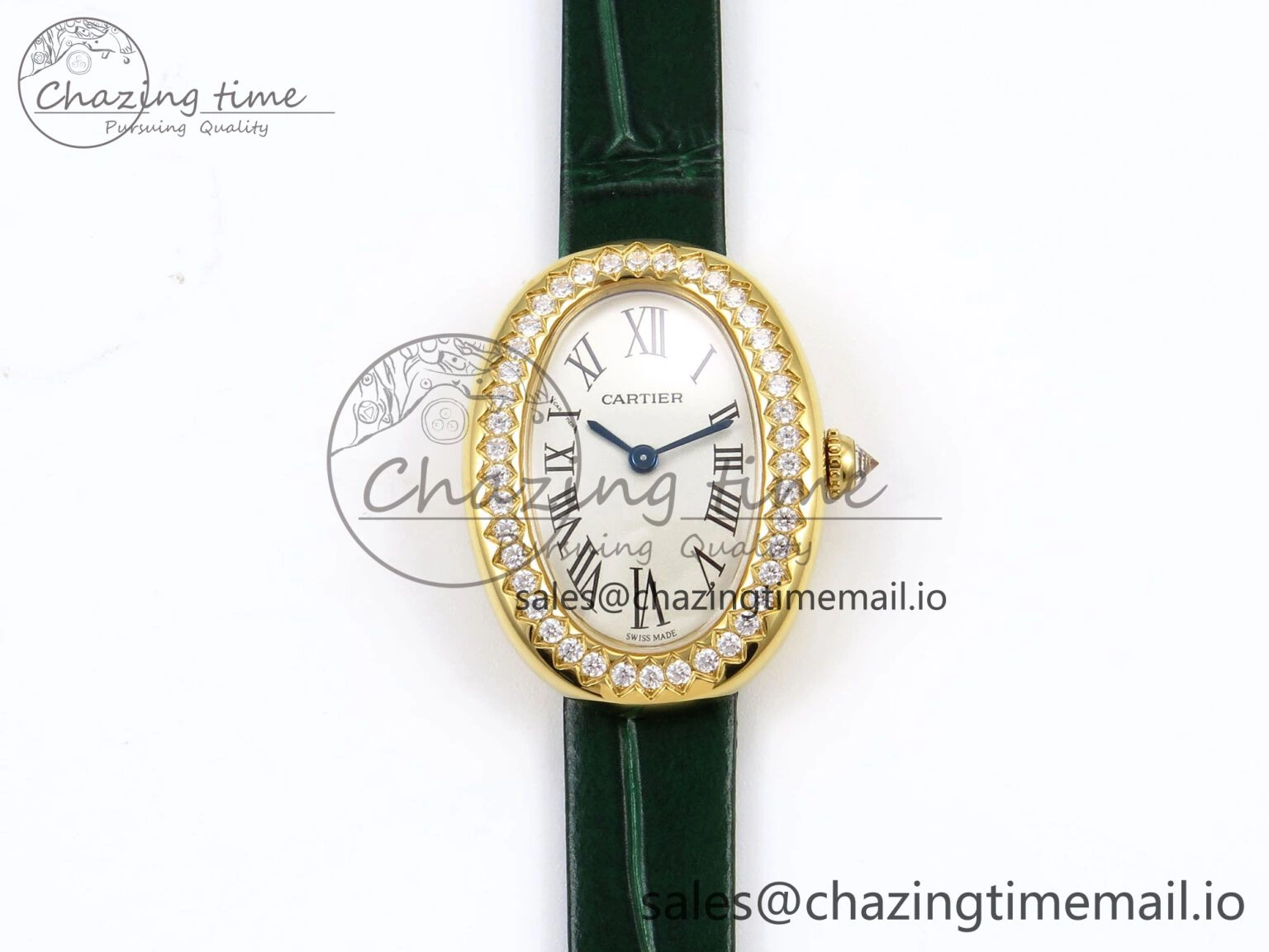 Baignoire De Cartier YG AF 1:1 Best Edition Silver Dial Diamonds Bezel on Green Leather Strap Ronda Quartz