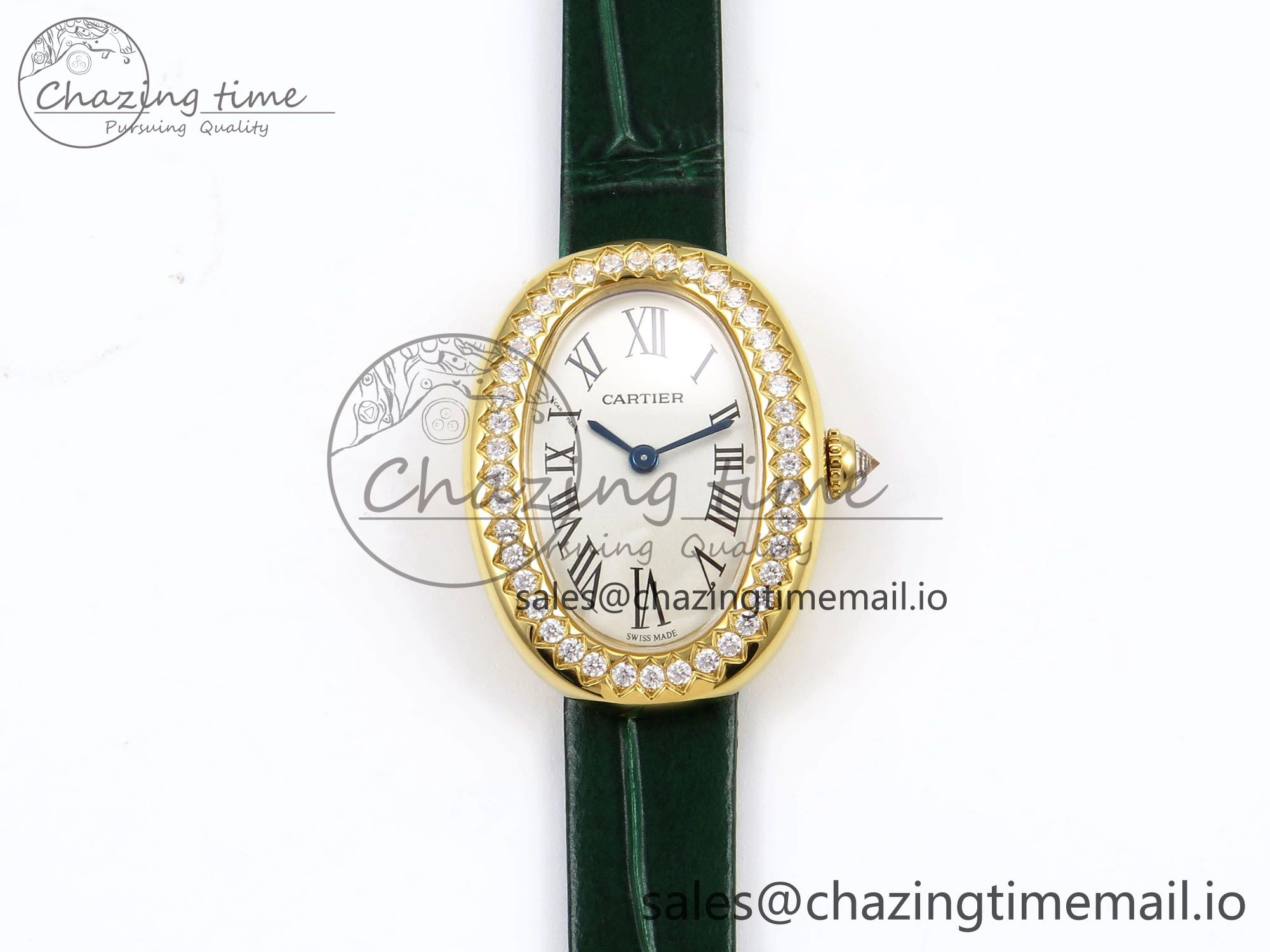 Baignoire De Cartier YG AF 1:1 Best Edition Silver Dial Diamonds Bezel on Green Leather Strap Ronda Quartz