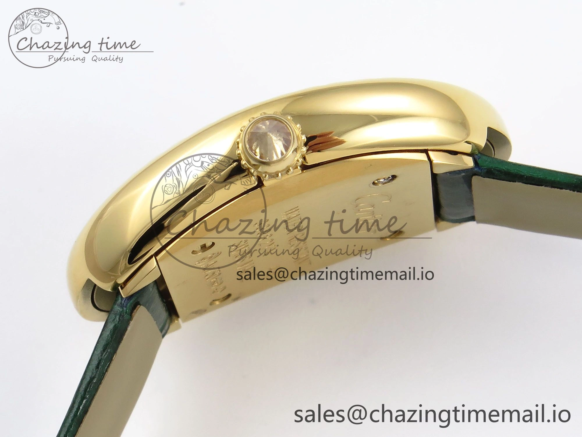 Baignoire De Cartier YG AF 1:1 Best Edition Silver Dial Diamonds Bezel on Green Leather Strap Ronda Quartz