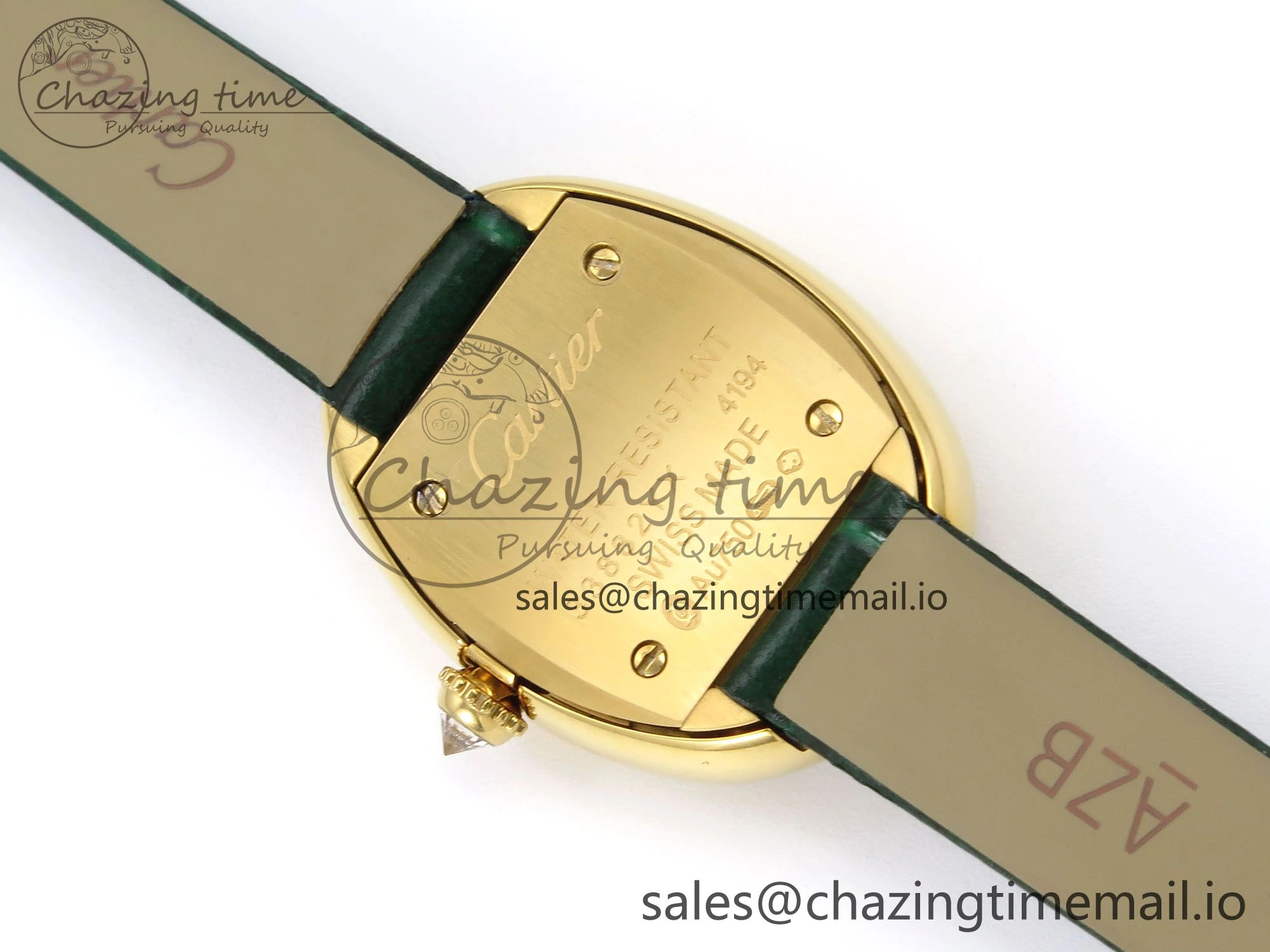 Baignoire De Cartier YG AF 1:1 Best Edition Silver Dial Diamonds Bezel on Green Leather Strap Ronda Quartz