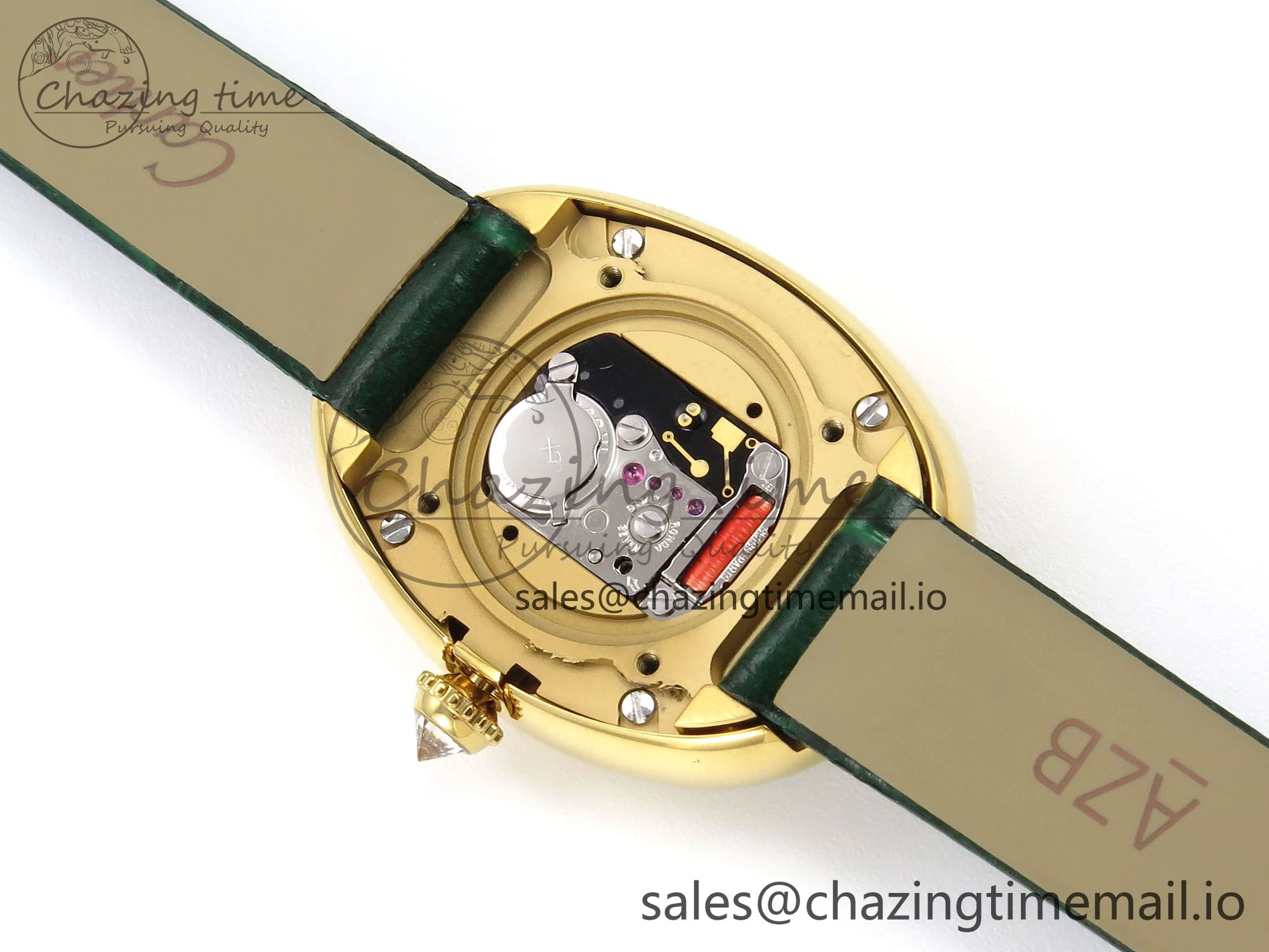 Baignoire De Cartier YG AF 1:1 Best Edition Silver Dial Diamonds Bezel on Green Leather Strap Ronda Quartz