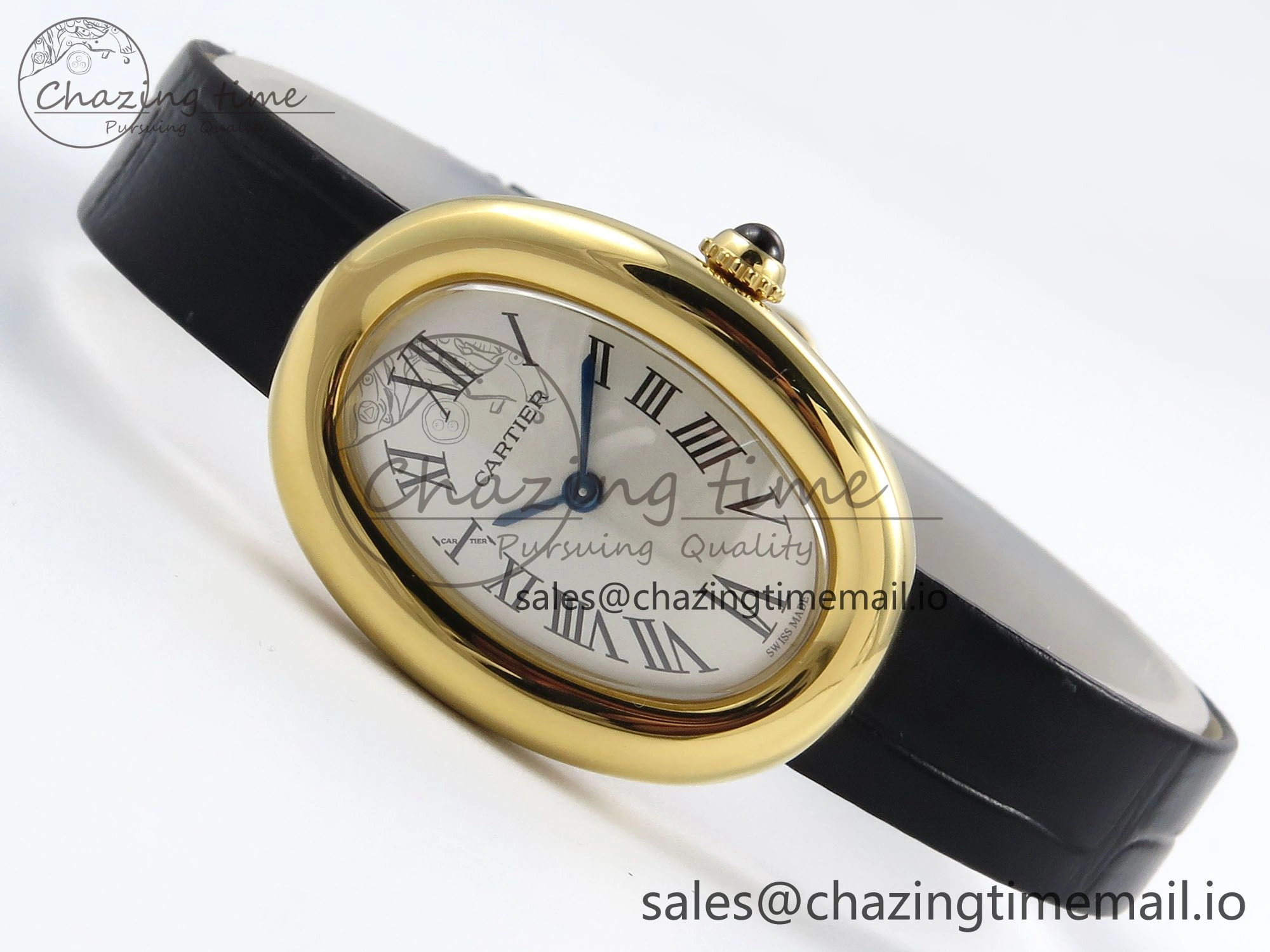 Baignoire De Cartier YG AF 1:1 Best Edition Silver Dial on Black Leather Strap Ronda Quartz