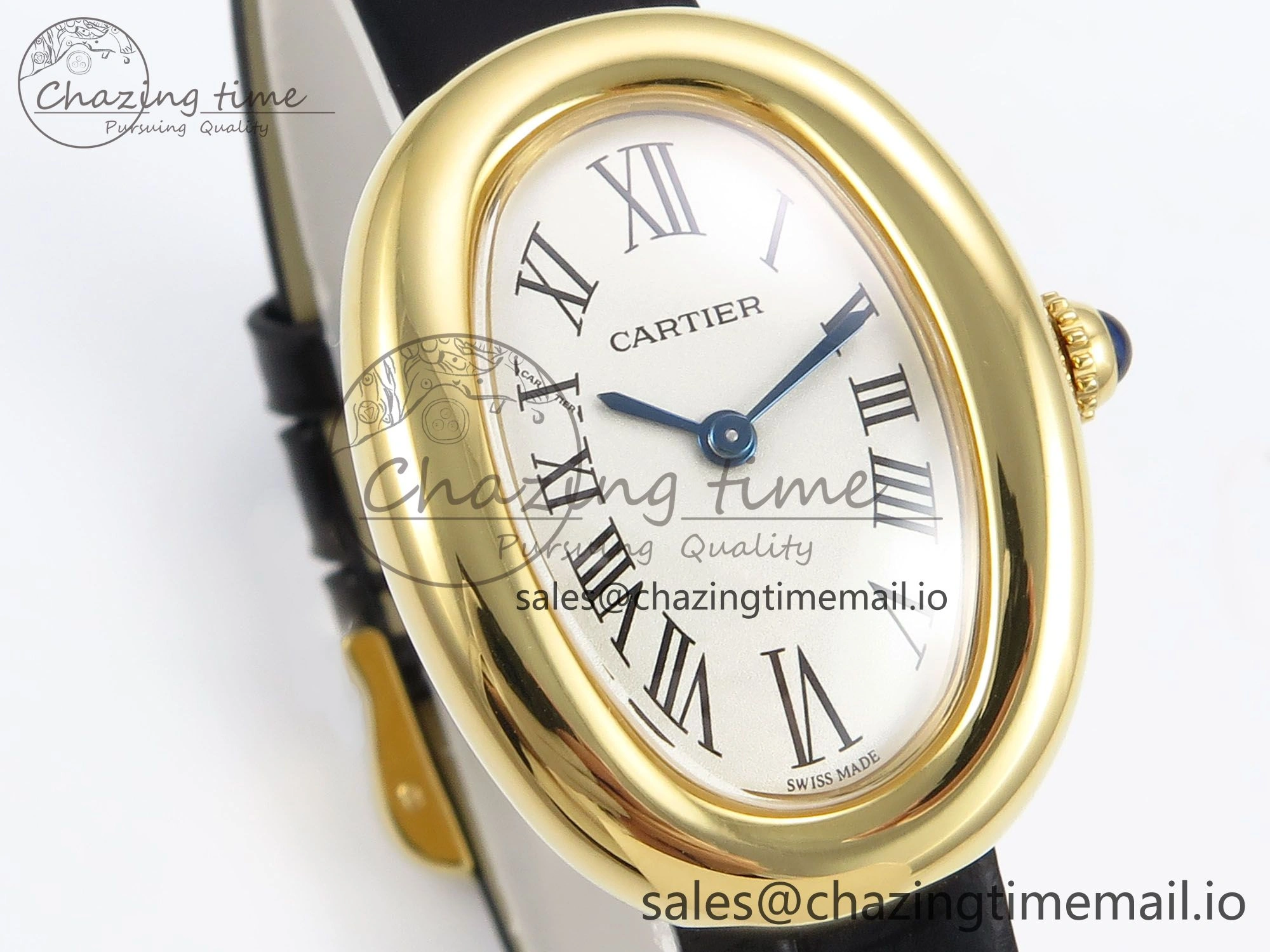 Baignoire De Cartier YG AF 1:1 Best Edition Silver Dial on Black Leather Strap Ronda Quartz