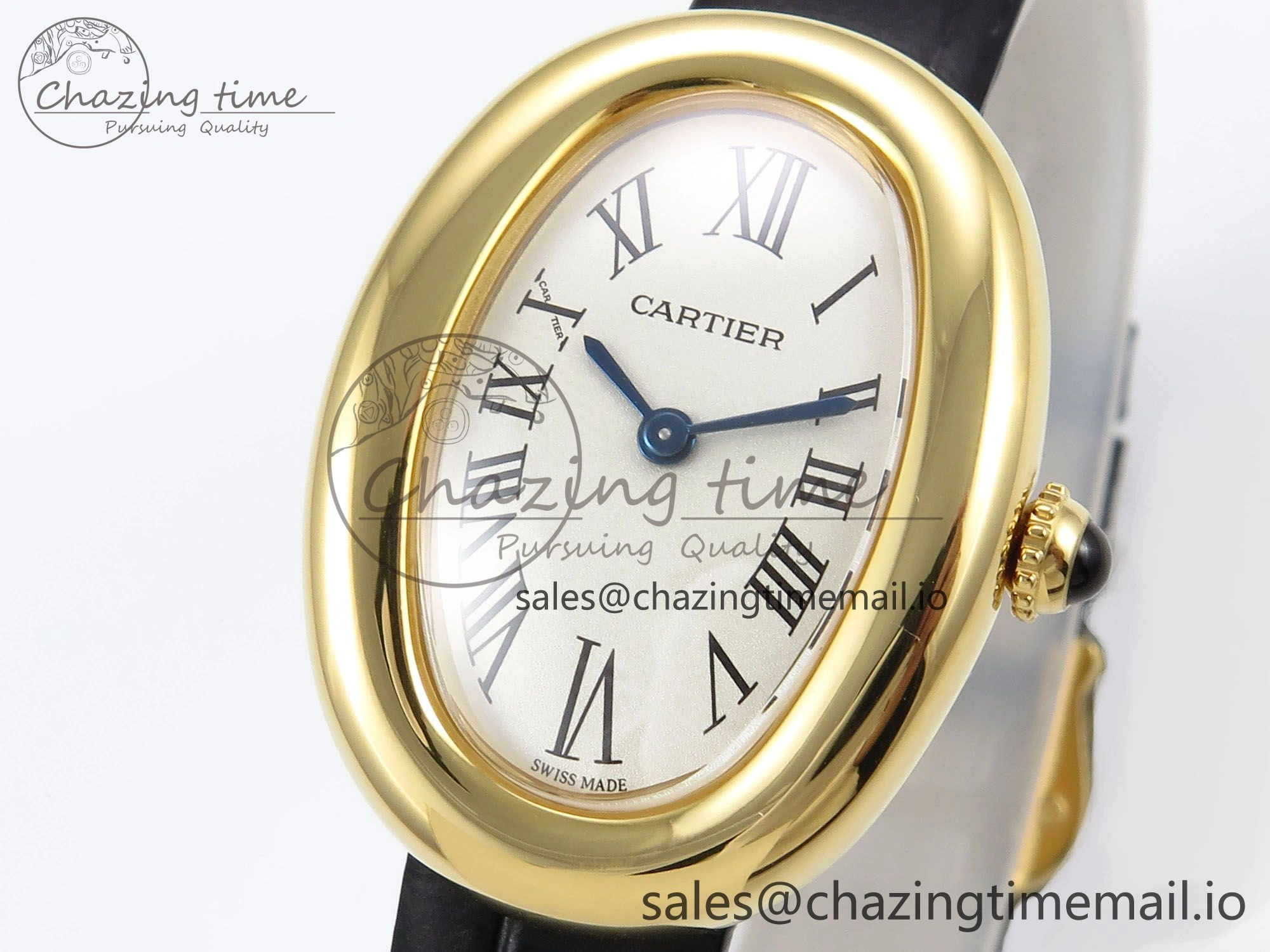 Baignoire De Cartier YG AF 1:1 Best Edition Silver Dial on Black Leather Strap Ronda Quartz