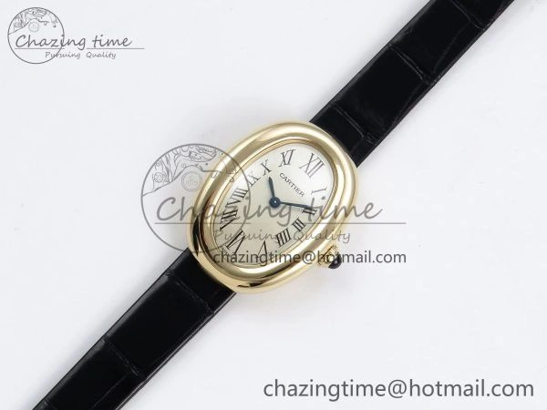 Baignoire De Cartier YG DRF 1:1 Best Edition Silver Dial on Black Leather Strap Swiss Quartz
