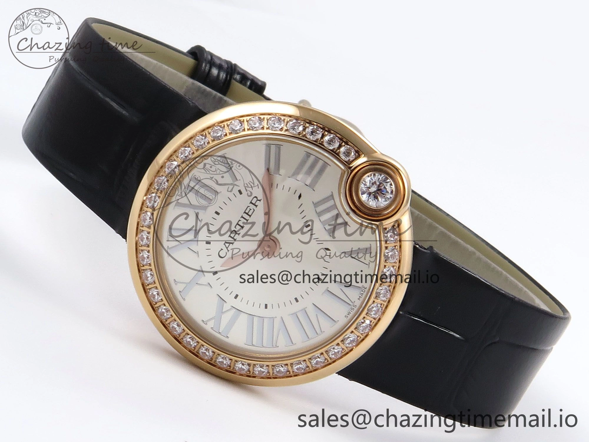 Ballon Blanc De Cartier 30mm RG AF 1:1 Best Edition Silvered Dial Diamonds Bezel on Black Leather Strap Ronda Quartz