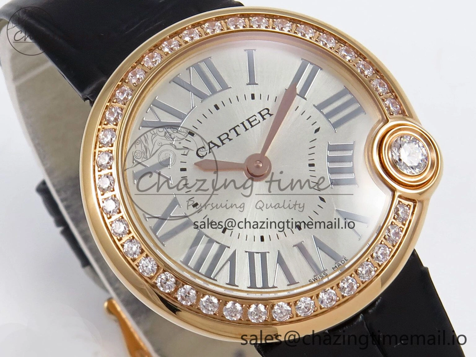 Ballon Blanc De Cartier 30mm RG AF 1:1 Best Edition Silvered Dial Diamonds Bezel on Black Leather Strap Ronda Quartz