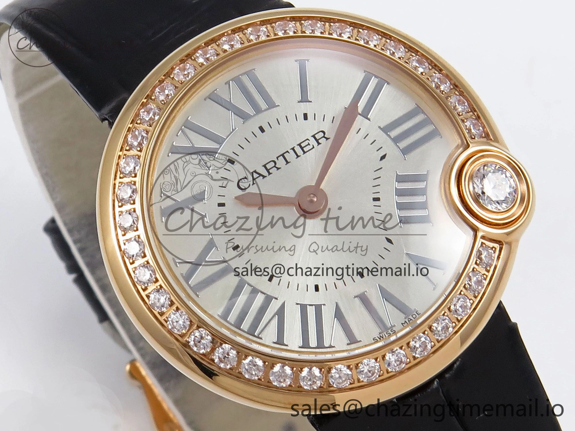 Ballon Blanc De Cartier 30mm RG AF 1:1 Best Edition Silvered Dial Diamonds Bezel on Black Leather Strap Ronda Quartz