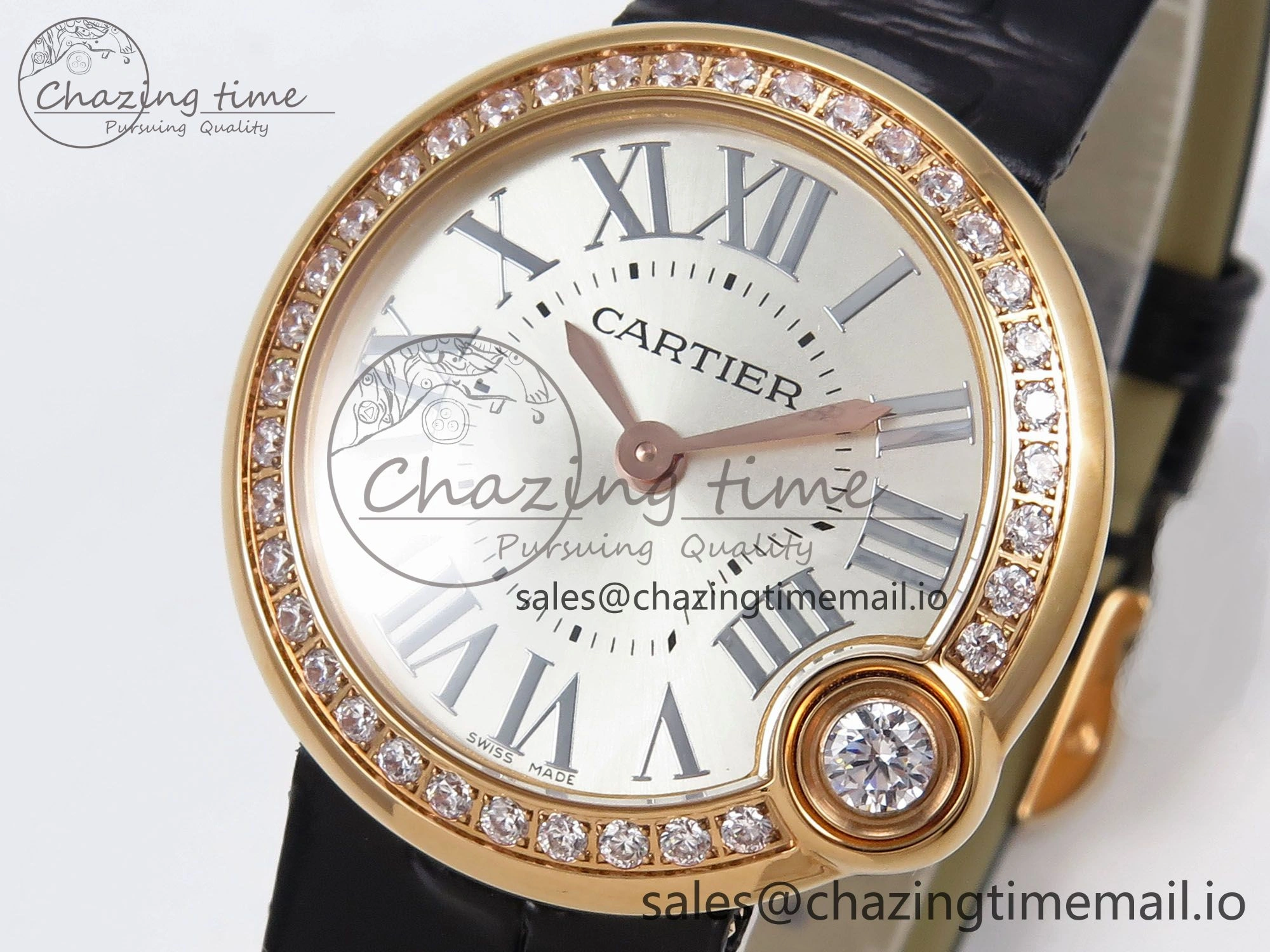 Ballon Blanc De Cartier 30mm RG AF 1:1 Best Edition Silvered Dial Diamonds Bezel on Black Leather Strap Ronda Quartz